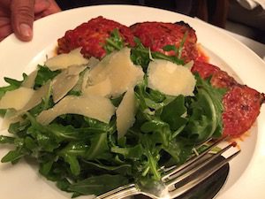 Garganelli bolognese and the eggplant Parmigiana with wild arugula