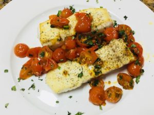 pan-seared halibut with cherry tomatoes & basil